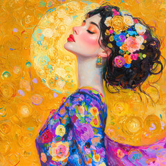 Woman with flower crown stands against colorful background with yellow hues and circular shape, showcasing joy and beauty in an artistic style, wall art poster