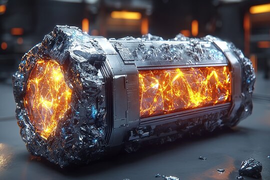 The future of energy storage: macro view of a glowing solid-state battery cell.