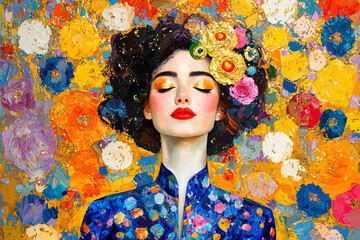 Colorful woman with flowers in hair stands against a bright floral background in a creative art display, wall art poster