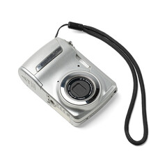 Vintage Silver Compact Point and Shoot Digital Camera, Early 2000s Retro Technology, Isolated on...