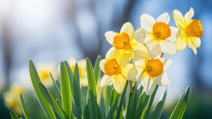Beautiful yellow and white daffodils with green leaves in a blurry outdoor setting with blue sky