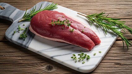 Raw steak on a marble cutting board with rosemary and thyme on a wooden table