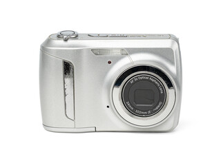 Vintage Silver Compact Point and Shoot Digital Camera, Early 2000s Retro Technology, Isolated on White Background
