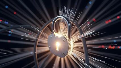 Cybersecurity Fortress: A glowing padlock, a symbol of digital protection, stands center, radiating security as a futuristic concept of technology. 