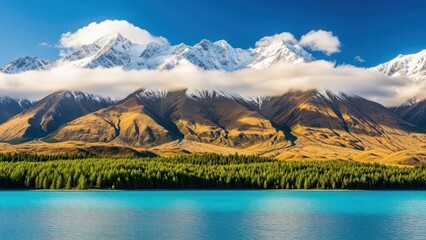 Panoramic view of majestic mountain range with snow capped peaks and serene lake in new zealand landscape
