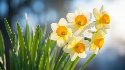 Beautiful white and yellow daffodils with green leaves in a sunny outdoor setting with a blurred background