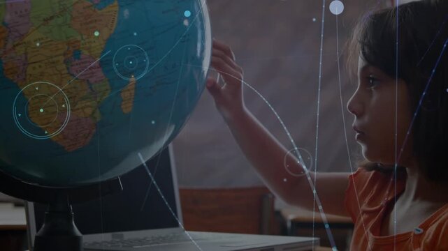 Animation of network of connections over caucasian girl with globe