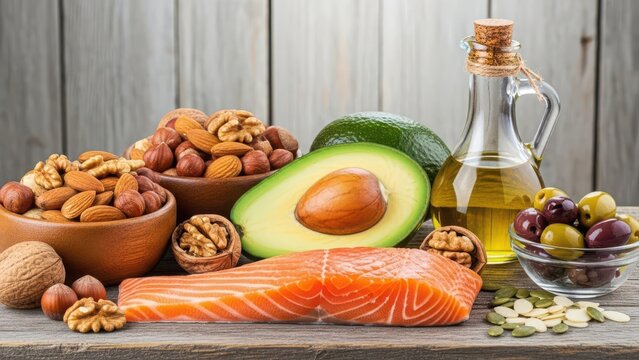 Fresh salmon fillet with avocado nuts and olive oil on wooden table
