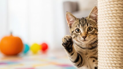 Curious tabby cat peeking from behind a scratching post indoors playfully
