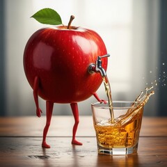 A red apple character pouring juice into a glass on a wooden table indoors