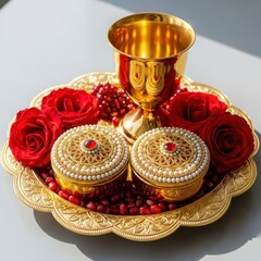 Golden decorative plate with red roses and jewelry boxes on a table