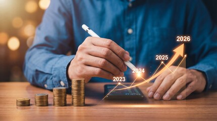 Financial Growth Strategy 2023 to 2026 with Rising Profit Chart and Coin Stacks., Investment Growth and Profit Increase Concept with Business Analytics.
