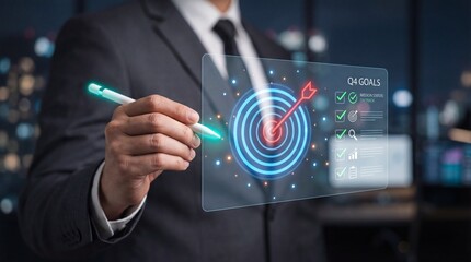 Business Target Achievement Concept with Holographic Goals Dashboard and Bullseye, Corporate Goal Planning and Performance Tracking with Digital Target Interface