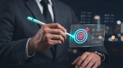 Business Target Achievement Concept with Holographic Goals Dashboard and Bullseye, Corporate Goal Planning and Performance Tracking with Digital Target Interface