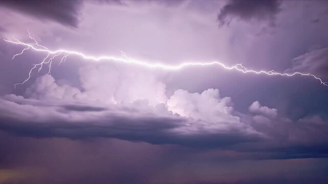 Dramatic lightning strikes illuminate a dark and stormy sky with intense flashes and rumbling thunder, powerful and dangerous weather phenomenon