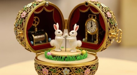 Obraz premium Intricate gold enamel egg with rabbit figurines