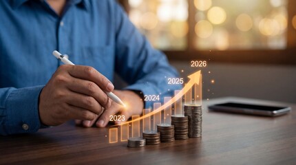 Financial Growth Strategy 2023 to 2026 with Rising Profit Chart and Coin Stacks., Investment Growth and Profit Increase Concept with Business Analytics.