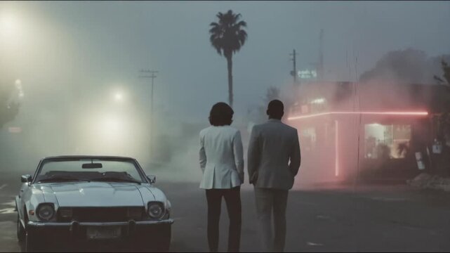 Man and woman conversing outside neon-lit diner at foggy night street. Retro convertible car parked nearby with palm tree. 80s vhs style romantic encounter in misty urban scene.