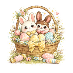 Easter basket with bunnies and eggs