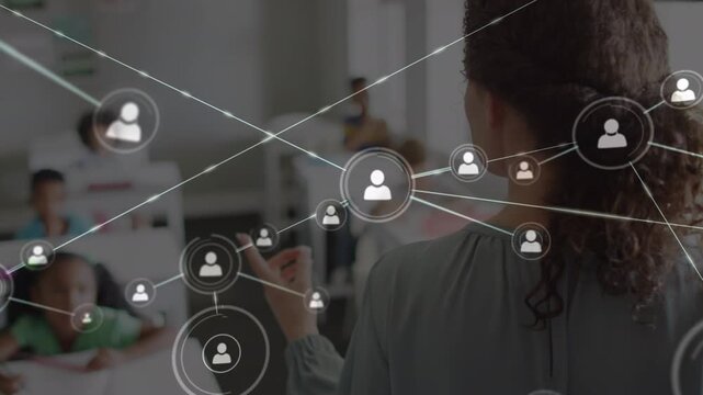 Animation of network of connections with icons over diverse schoolchildren and teacher