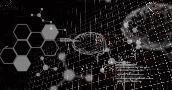 Animation of digital screen with scientific data, brain and math formulas on black background
