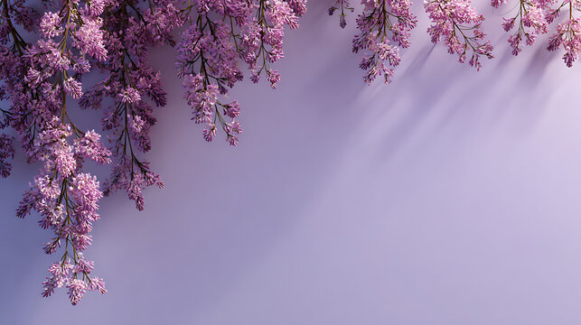 Purple lilac flowers hanging against pastel violet wall with soft shadows. Elegant spring floral background with copy space.


