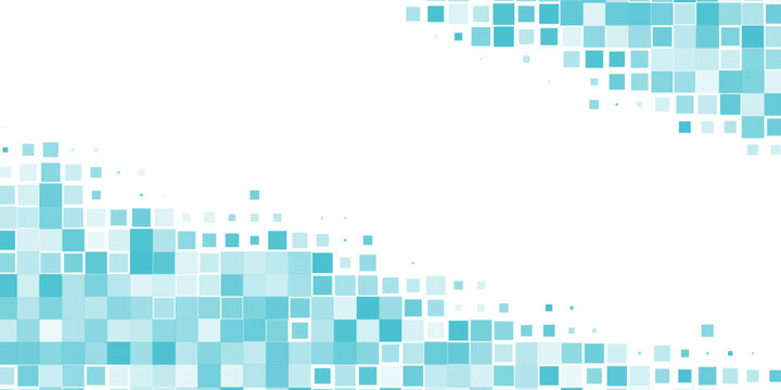 Abstract blue pixel mosaic background with scattered square elements forming a dynamic digital pattern on white space