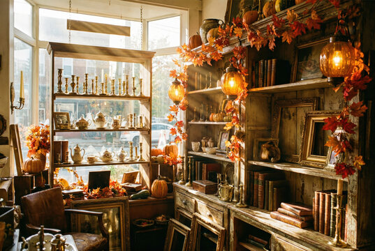 Fotograf&iacute;a del acogedor interior de una tienda de antig&uuml;edades decorada para el oto&ntilde;o, mostrando estanter&iacute;as de madera r&uacute;stica repletas de libros antiguos, teteras de porcelana, candelabros de bronce 