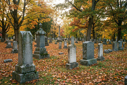 Fotograf&iacute;a de un cementerio hist&oacute;rico durante el oto&ntilde;o, mostrando l&aacute;pidas de piedra antiguas con inscripciones del siglo XIX rodeadas de un suelo cubierto por hojas secas amarillas y naranjas 