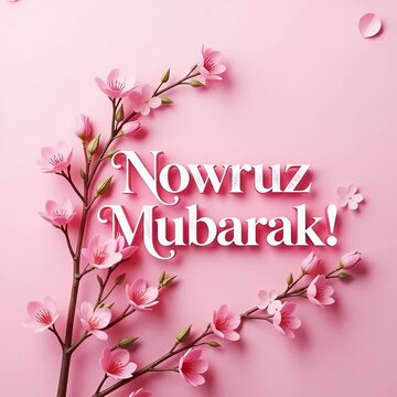 flowering cherry branch with pink flowers on a soft pink background, with petals swirling around it to form a circle, inside which a white nowruz mubarak inscription appears for the holiday