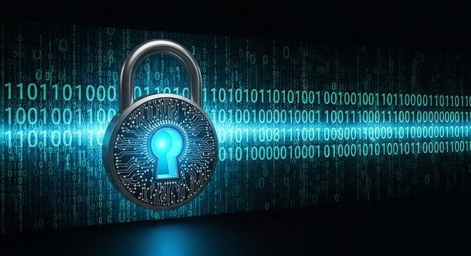 A digital padlock secures a background of streaming binary code