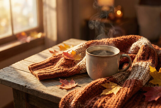 Taza de caf&eacute; humeante sobre una mesa de madera r&uacute;stica, acompa&ntilde;ada de una manta de lana tejida y hojas de arce secas, con la luz c&aacute;lida de la tarde filtr&aacute;ndose a trav&eacute;s de una ventana.