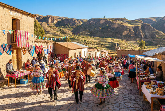 M&uacute;sicos y bailarines con trajes tradicionales avanzan en procesi&oacute;n por una calle empedrada, rodeados de puestos de mercado y casas de adobe bajo un cielo despejado, con monta&ntilde;as y terrazas de cultivo 