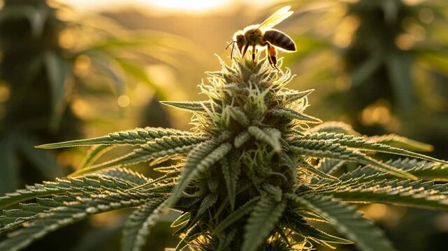 A honey bee lands on a flowering cannabis plant to collect pollen during a golden sunset. This macro sequence shows the insect on a ripe marijuana bud with visible trichomes