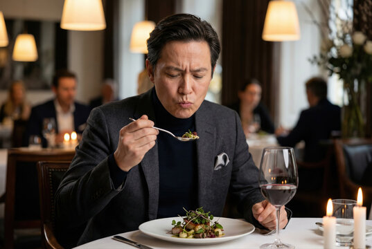 Un hombre vestido con un traje gris y cuello alto degusta un plato gourmet en un restaurante de lujo, acompa&ntilde;ado de una copa de vino tinto y velas encendidas sobre un mantel blanco impecable.
