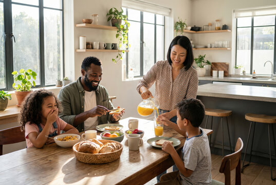 Una familia multirracial disfruta de un desayuno saludable en una cocina moderna y luminosa, con la madre sirviendo zumo de naranja mientras el padre unta una tostada y los ni&ntilde;os r&iacute;en sentados a la me