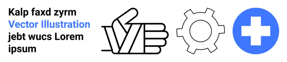 Obraz premium Thumbs-up hand sign, gear symbol, and healthcare cross illustrating teamwork, innovation, health, support, collaboration, productivity and problem-solving. Ideal for design projects or simple