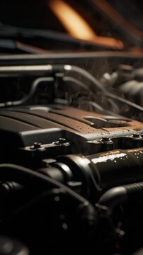 cinematic macro video modern car engine, extreme close-up metallic components hoses, hot engine surface steam slowly rising pulsing, tiny water droplets evaporating metal engine vibration oil stains