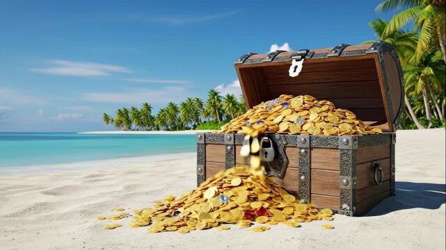 Gold coin overflowing from open treasure chest on sandy beach. Financial abundance for prosperity and wealth concept.