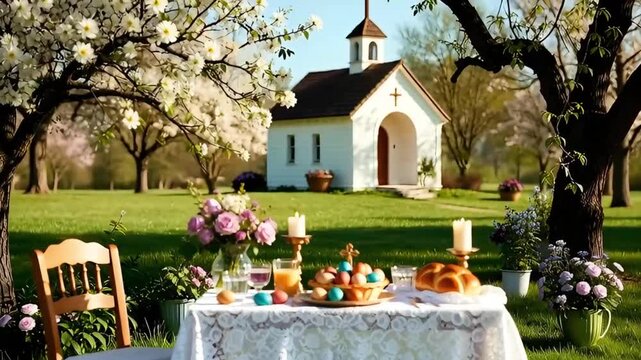 easter table with painted eggs pastries and juice in garden in front of small white church
