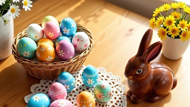 chocolate easter bunny made of milk chocolate sits on a wooden table next to a wicker basket filled with colorful patterned eggs, creating a festive and cozy spring atmosphere at home