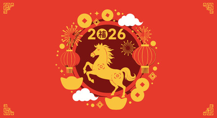 A festive red background with a golden horse, lanterns, coins, and "2026" for Chinese New Year.