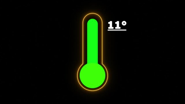 Neon Celsius thermometer displayed temperature 11 degree. Thermometer equipment showing hot or cold weather. 4K Video motion graphic animation.