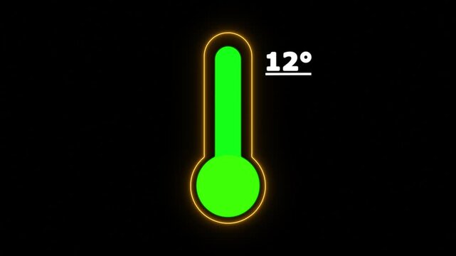 Neon Celsius thermometer displayed temperature 12 degree. Thermometer equipment showing hot or cold weather. 4K Video motion graphic animation.