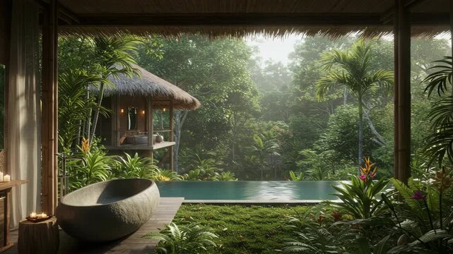 Serene Jungle Bathroom with Stone Bathtub and Infinity Pool