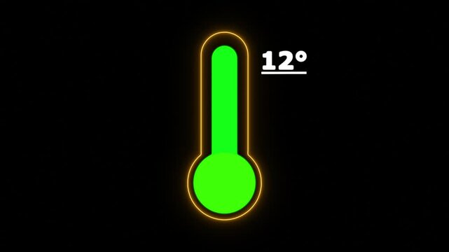 Neon Celsius thermometer displayed temperature 12 degree. Thermometer equipment showing hot or cold weather. 4K Video motion graphic animation.