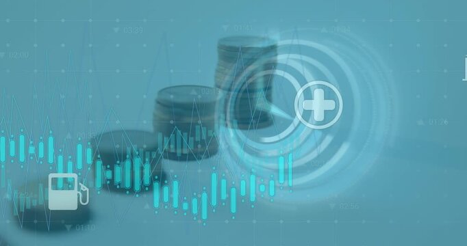 Animation of financial data processing over money on blue background