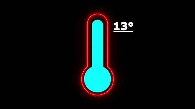 Neon Celsius thermometer displayed temperature 13 degree. Thermometer equipment showing hot or cold weather. 4K Video motion graphic animation.