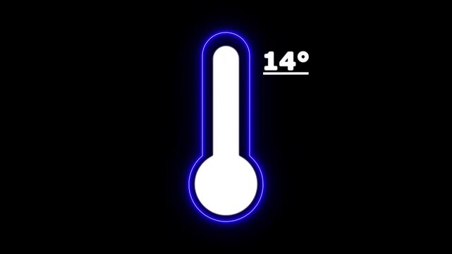 Neon Celsius thermometer displayed temperature 14 degree. Thermometer equipment showing hot or cold weather. 4K Video motion graphic animation.