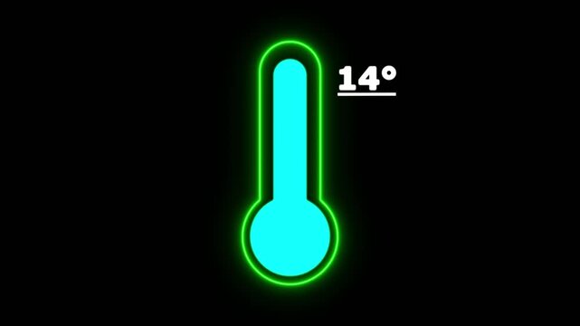 Neon Celsius thermometer displayed temperature 14 degree. Thermometer equipment showing hot or cold weather. 4K Video motion graphic animation.